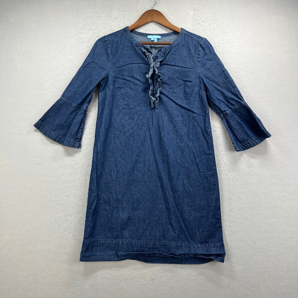 Draper James Dress Womens 6 Blue Denim Chambray Bell Sleeve Shift Preppy Boho